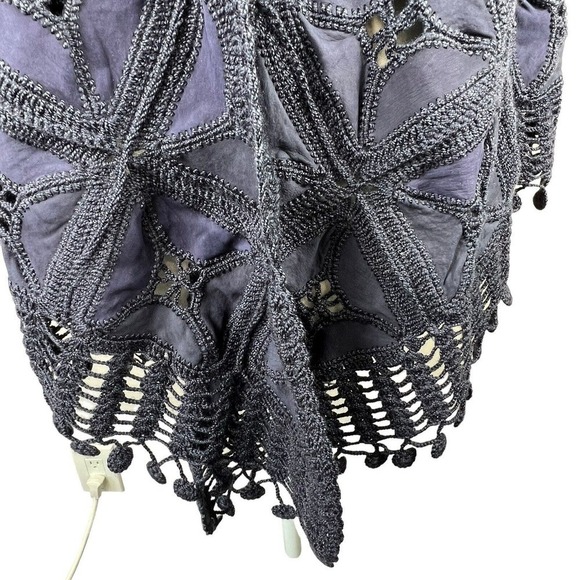 Vintage Navy Blue Leather Suede Crochet Patchwork Fringe Shawl Wrap - Picture 3 of 12